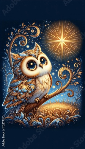 Dreamy Owl Under the Evening Star in an Enchanted Forest photo