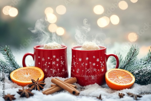 Warm drinks with spices and oranges in a snowy winter setting