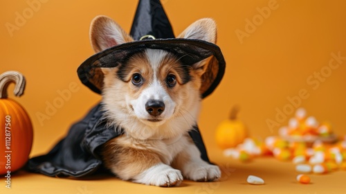 Adorable corgi puppy in witch costume with pumpkins and candy corn. photo