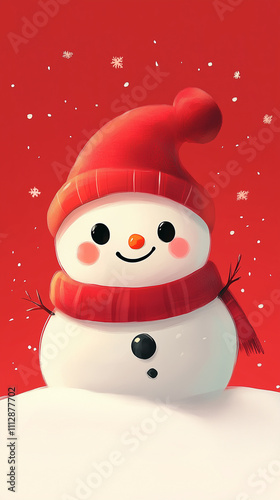 Phone background: Cute snowman, red background, cartoon style, mobile wallpaper design