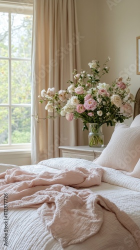 Cozy bedroom with soft linens and a bouquet of fresh flowers by the window in...