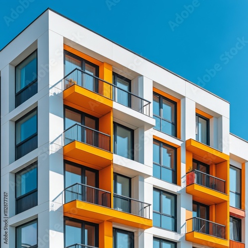 Modern apartment building with colorful balconies in urban area during clear day