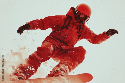 Snowboarder in bright red outfit descends snowy slope under cloudy sky