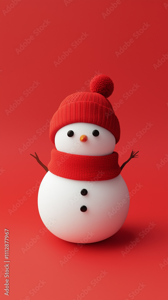 Phone background: ender of a cute snowman on a red background, in a minimalist style with a simple design Phone background: ender of a cute snowman on a red background, in a minimalist style with a simple design