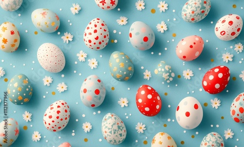 Hand painted Easter eggs decorate a bright blue background for spring celebra...