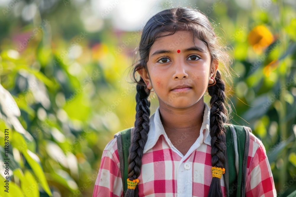 Confident rural Indian school girl standing with backpack Confident rural Indian school girl standing with backpack