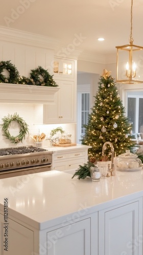 Beautifully decorated kitchen with Christmas tree and festive wreaths during ...