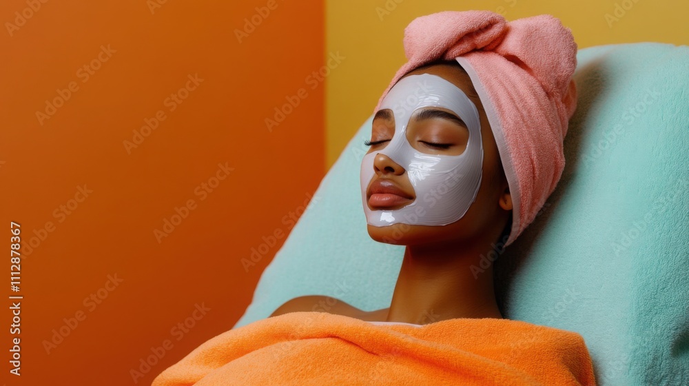 a serene woman wearing a sheet mask, relaxing on a sofa with a towel around her head a serene woman wearing a sheet mask, relaxing on a sofa with a towel around her head