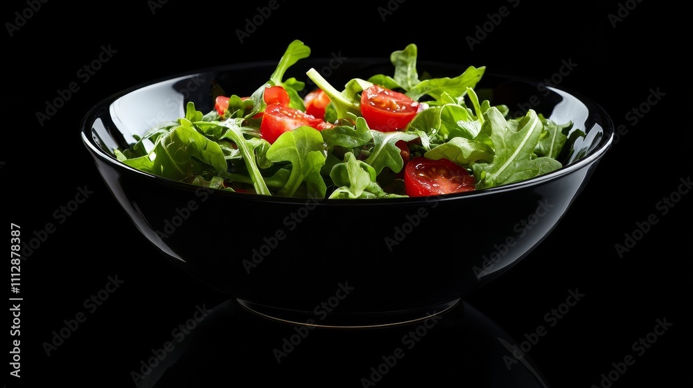 A black bowl filled with a salad on top of a table A black bowl filled with a salad on top of a table