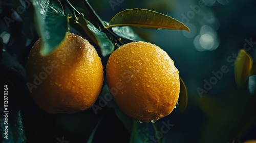 Two ripe oranges hanging from a tree with water droplets on them