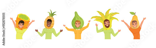 Man Character in Fruit Headdress and Head Wear Vector Set