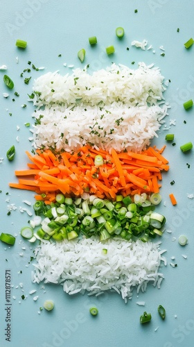 Colorful vegetable rice dish with garnishes set on a blue surface