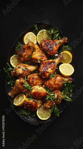 Grilled chicken drumsticks served with fresh herbs and lemon slices on a blac...
