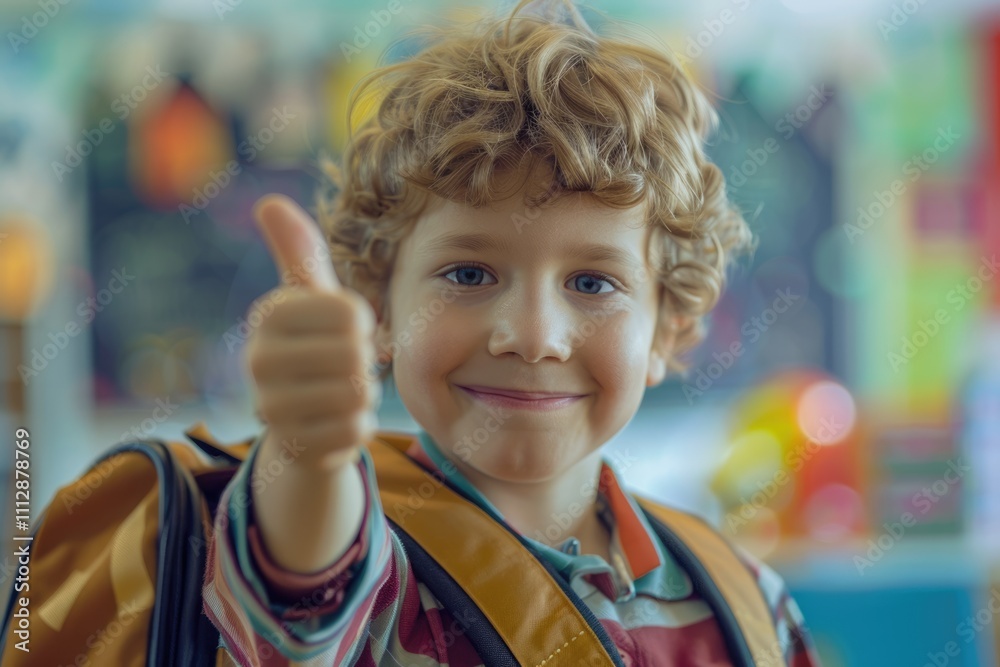 Happy boy with thumbs up going to school with bag and books. Happy boy with thumbs up going to school with bag and books.