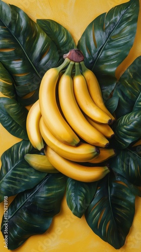 Fresh bananas resting on vibrant green leaves against a yellow background