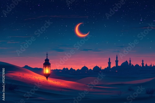 Twilight descends over a desert landscape with a lantern and crescent moon in...
