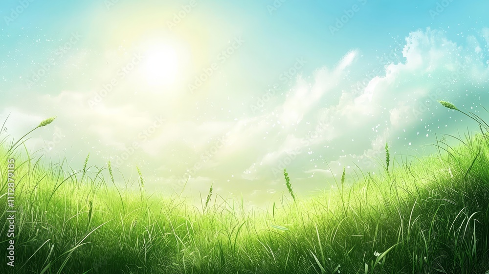 A field of green grass with a blue sky in the background A field of green grass with a blue sky in the background