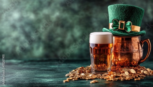 Celebrating St Patricks Day with green hat, beer mug, and chocolate coins on ...