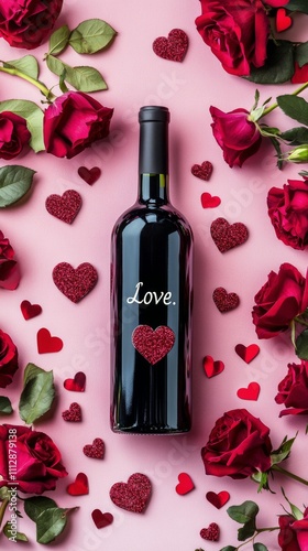 Romantic wine bottle surrounded by roses and hearts for a memorable celebration