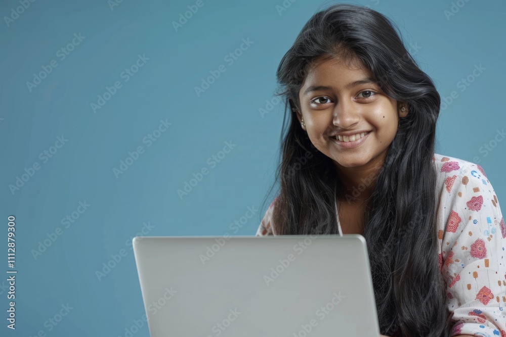Happy Indian teen girl studying online with laptop blue background. Happy Indian teen girl studying online with laptop blue background.