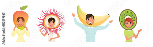 Man and Woman Character in Fruit Headdress and Head Wear Vector Set