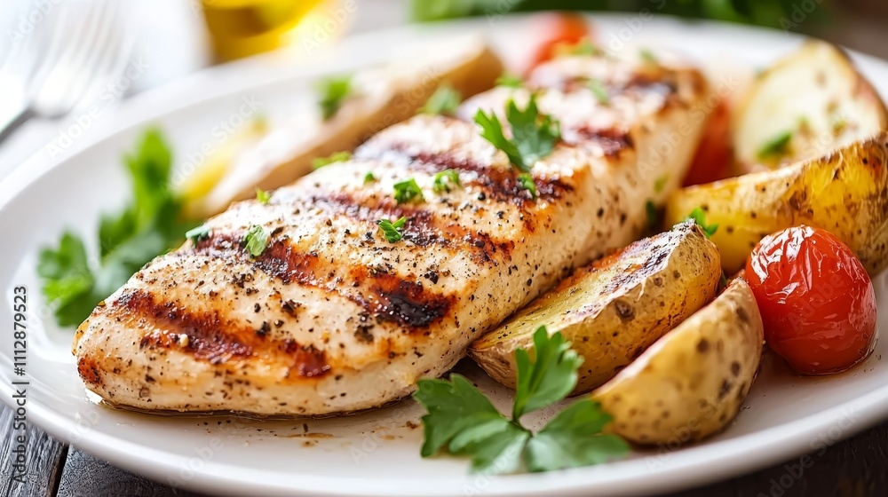 A white plate topped with grilled chicken and potatoes A white plate topped with grilled chicken and potatoes