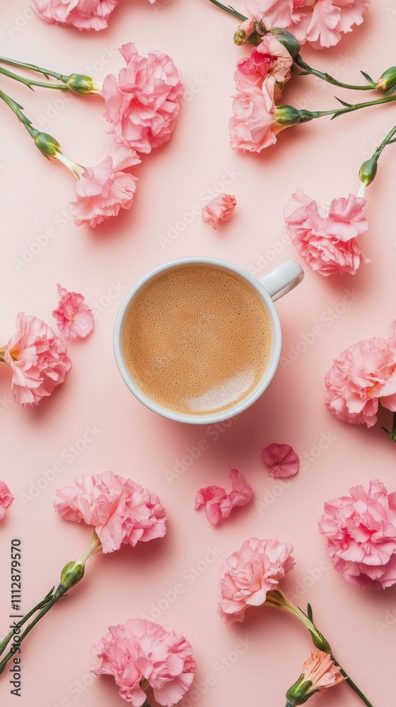 Relaxing coffee moment with pink flowers on a pastel background Relaxing coffee moment with pink flowers on a pastel background