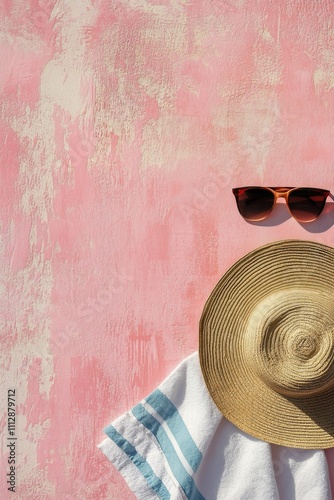Summer accessories laid out on a pink backdrop with natural textures and soft...