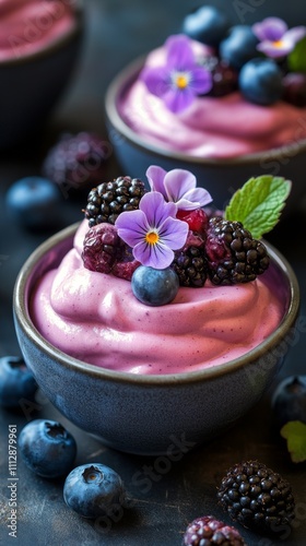 Delicious berry mousse topped with fresh fruits and edible flowers served in ...
