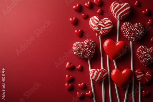 Colorful candy display with heart shaped sweets and lollipops on a vibrant re...