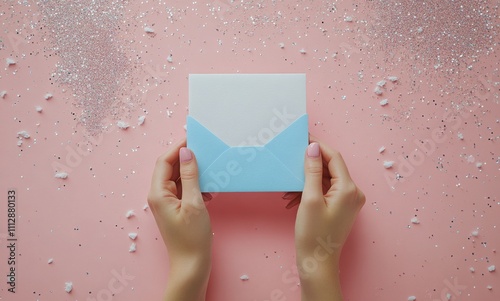 Hands holding an envelope on a sparkling turquoise background with gold accents