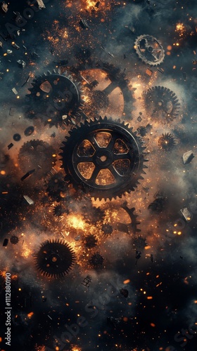 Mechanical gears floating through an explosion of sparks and dust in a dramat...