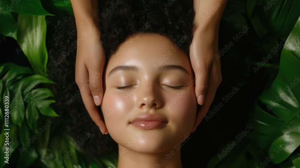 hands performing a gentle face massage on a woman with closed eyes, spa setting with natural lighting hands performing a gentle face massage on a woman with closed eyes, spa setting with natural lighting