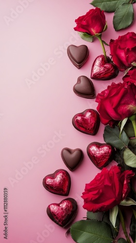 Elegant bouquet of roses with assorted heart shaped chocolates on pink backgr...