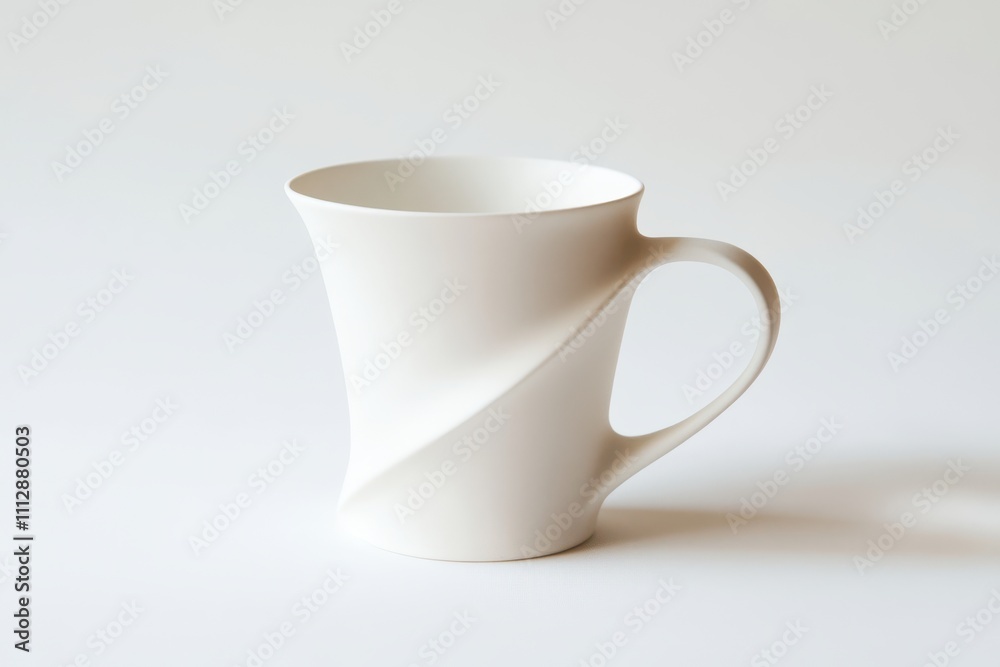 White ceramic coffee mug with sculpted handle isolated on white background, perfect for beverages and kitchen themes White ceramic coffee mug with sculpted handle isolated on white background, perfect for beverages and kitchen themes