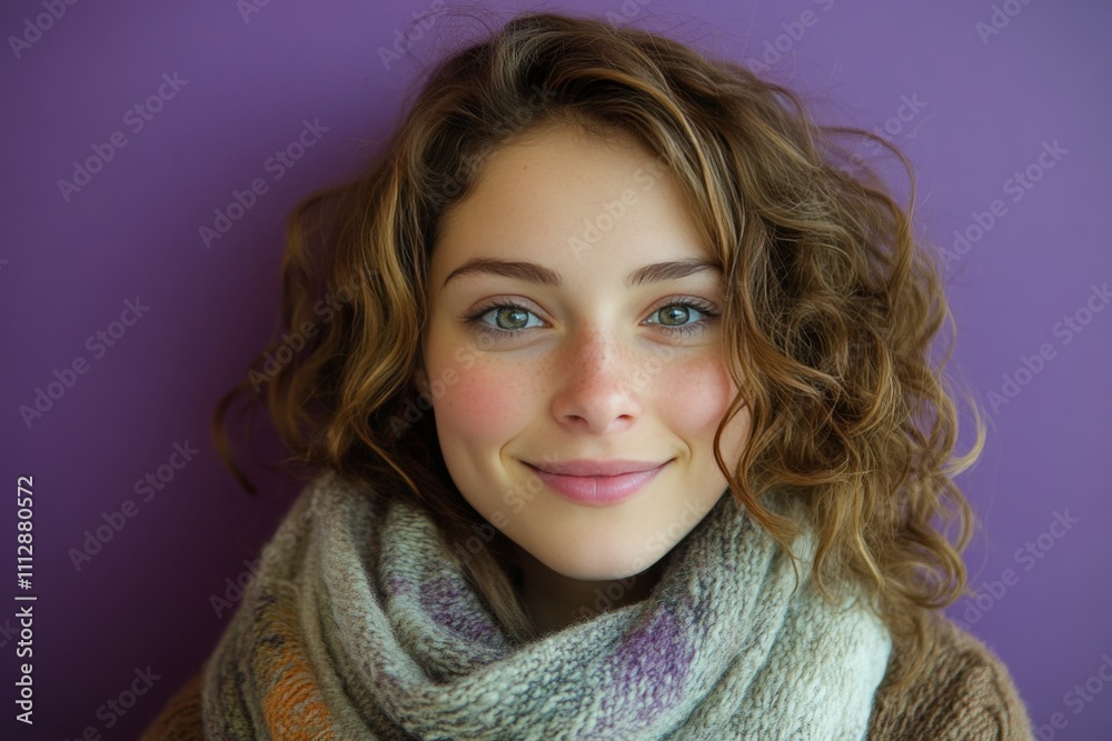 Young woman smiling warmly in front of a vibrant purple background on a sunny day