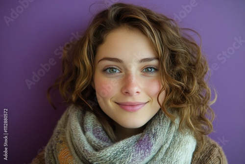 Young woman smiling warmly in front of a vibrant purple background on a sunny...