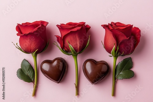 Romantic arrangement of red roses and chocolate hearts on a pink background f...