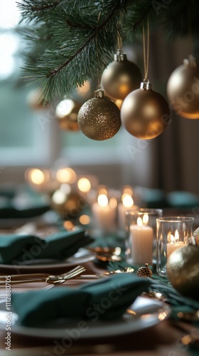 Elegant festive table setting with golden ornaments and candles in a warm atm...