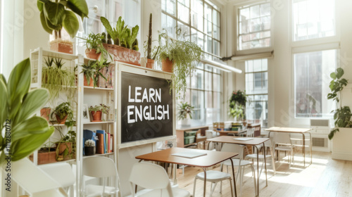 Airy sunlit classroom with chalkboard with text Learn English, educational concept