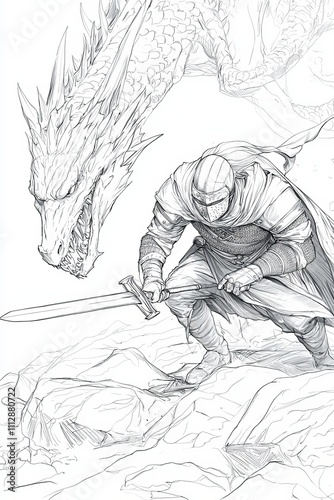 A heroic male knight faces a fearsome dragon in a dramatic fantasy scene.