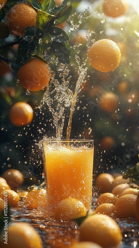 Fresh orange juice pouring into a glass among ripe oranges in a sunlit grove