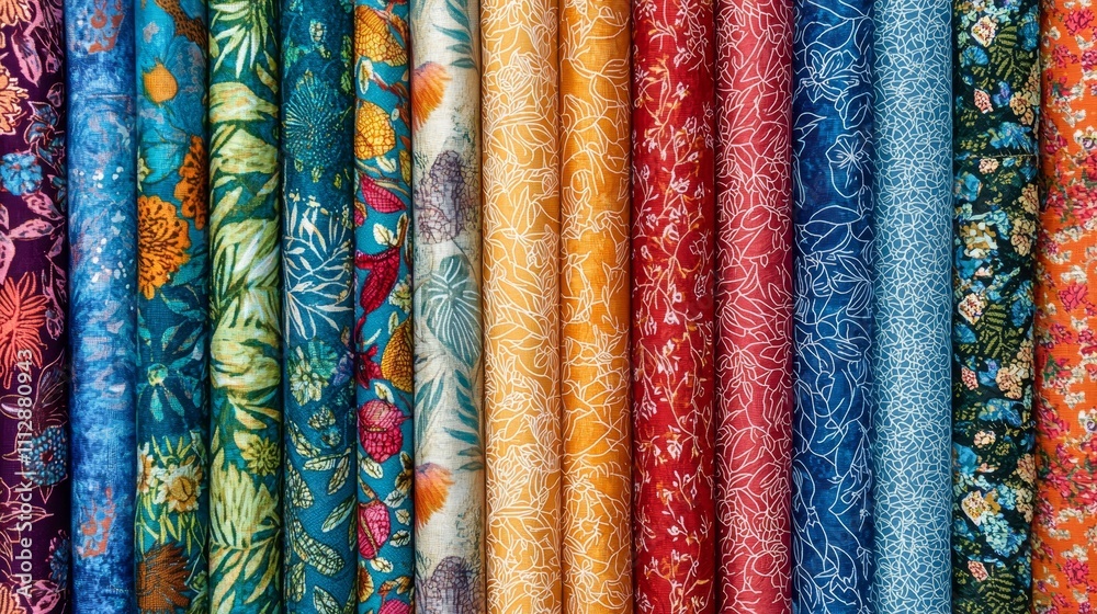 A bunch of different colored fabrics are lined up in a row A bunch of different colored fabrics are lined up in a row