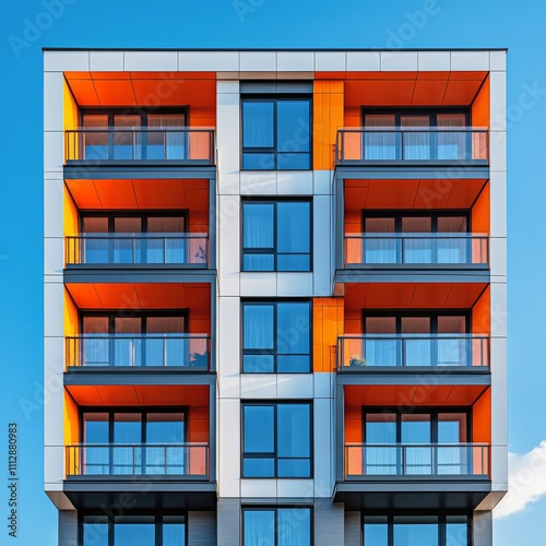 Modern apartment building with colorful balconies in urban area during clear day