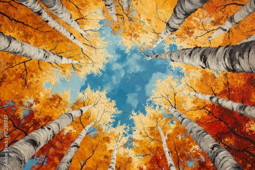 Person gazing up at vibrant autumn trees in a forest under clear blue sky