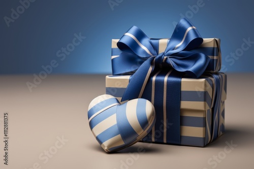 Blue and white gift box with heart shaped decor on a smooth surface