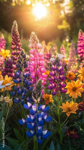 Vibrant wildflower meadow illuminated by sunlight in a lush forest setting