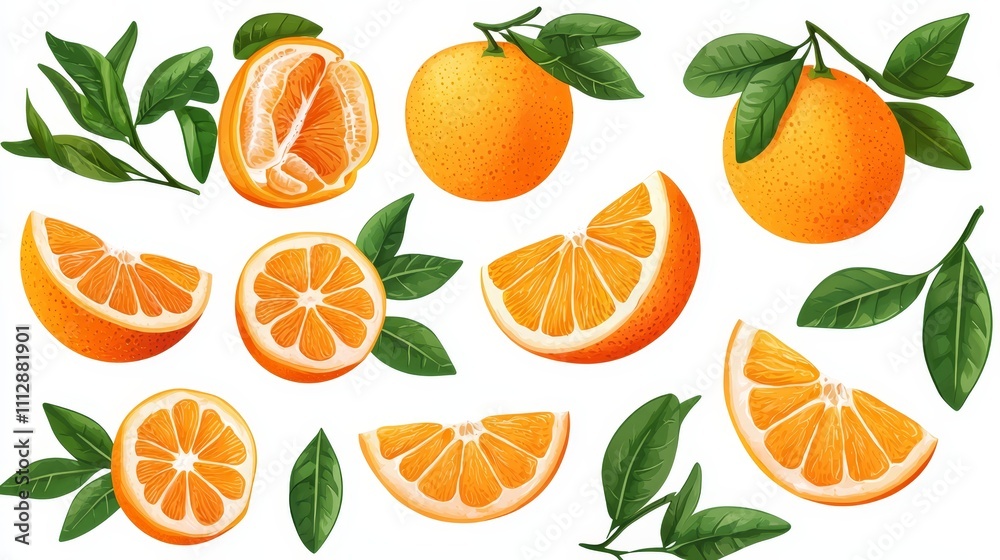 A bunch of oranges with leaves on a white background A bunch of oranges with leaves on a white background