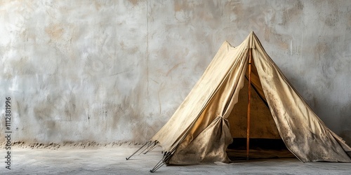 Worn canvas tent against rustic wall - refugee shelter concept photo