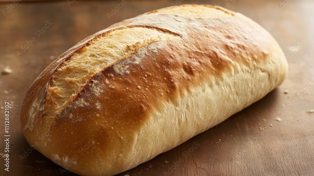 Ultra-Realistic Close-Up of Freshly Baked Artisan Bread Loaf on Rustic Wooden Surface with Golden-Brown Crust and Soft Airy Crumb Ultra-Realistic Close-Up of Freshly Baked Artisan Bread Loaf on Rustic Wooden Surface with Golden-Brown Crust and Soft Airy Crumb